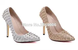Новые модные женские туфли острый носок цвета: золотистый, серебристый заклепки стилет туфли-лодочки на каблуке классические Стиль