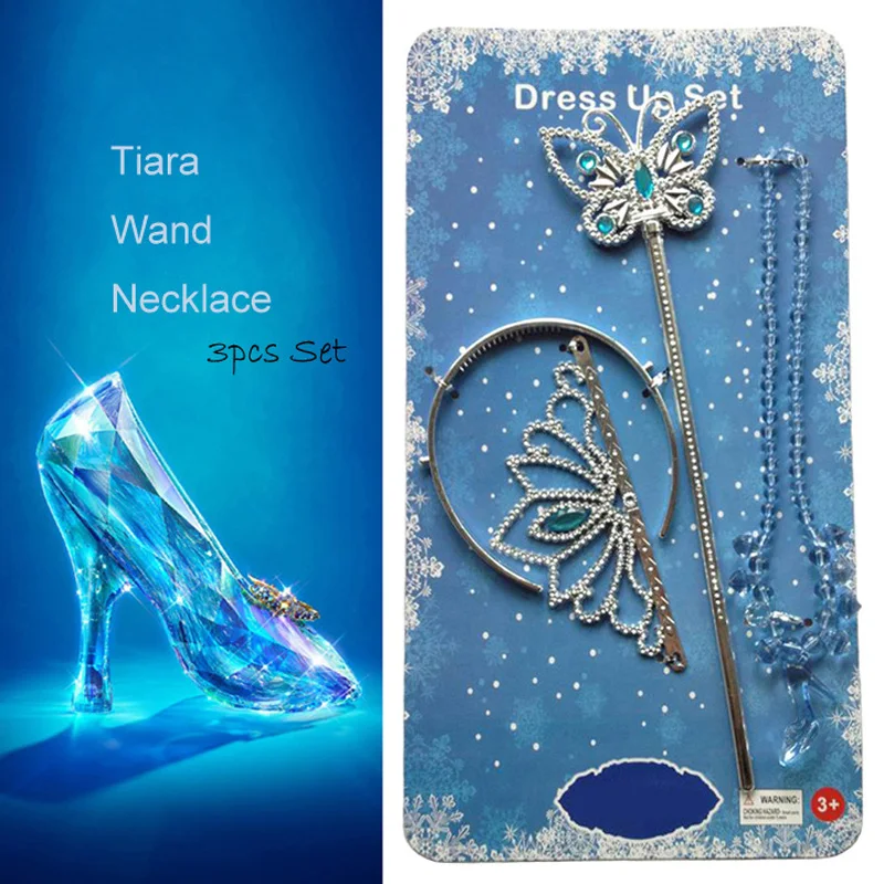 

4Pcs/set Anna Elsa Cinderella Cosplay Toy Princess Accessories Crown Magic Stick Heels Necklace Set Christmas gift crystal shoe