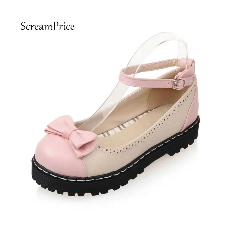 

Sweet Bow Knot Mary Jane Flats Buckle Round Toe Casual Spring Autumn Shoes Woman Yellow Pink Black Color