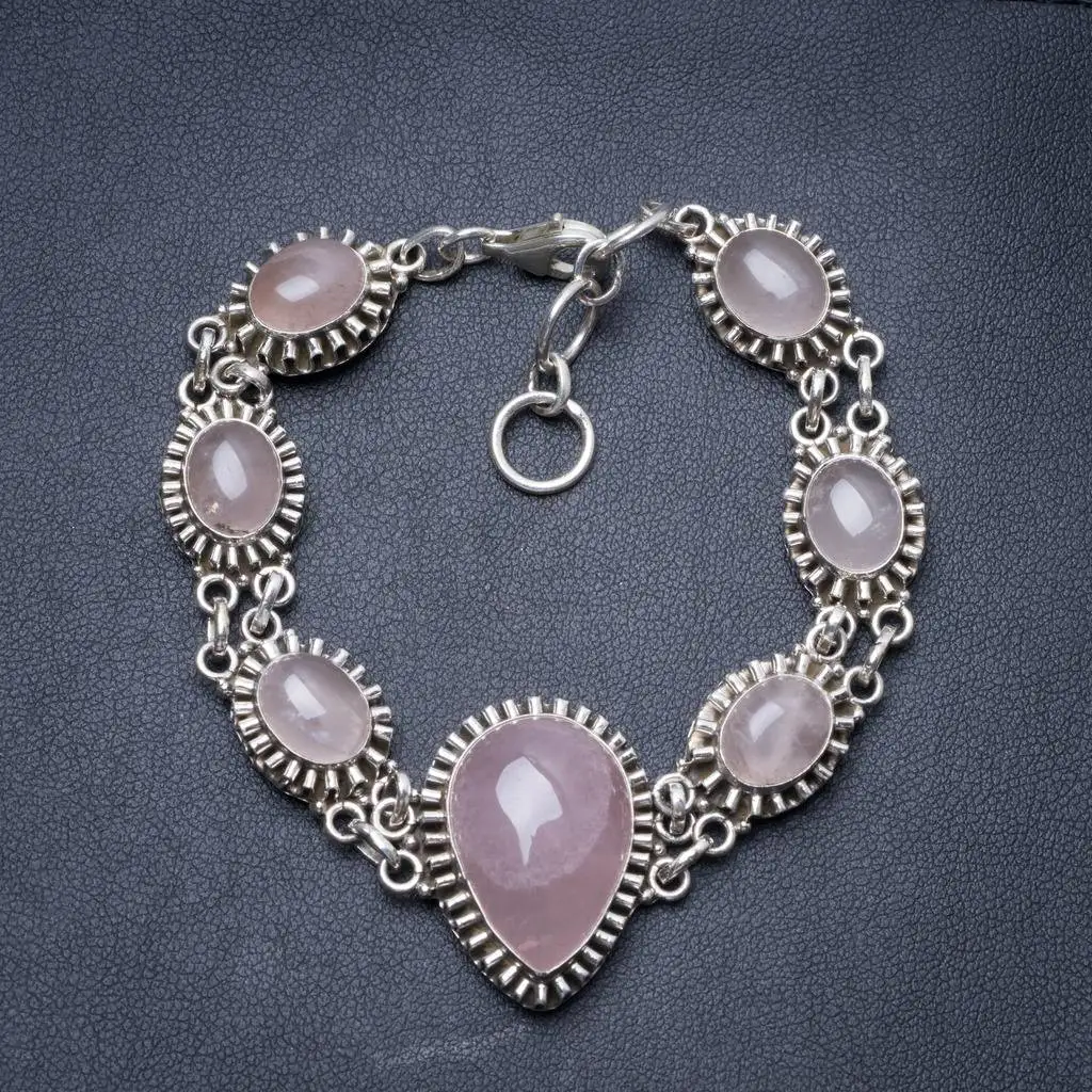 

Natural Rose Quartz Handmade Unique 925 Sterling Silver Bracelet 7 1/2-8 1/4" Y3417