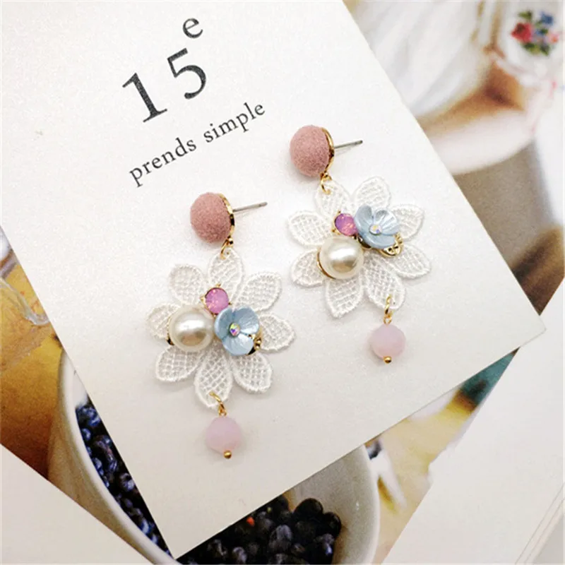 Корейский ручной работы кружева цветок лента вышивка пчелы принцесса женщина Висячие висячие серьги Модные Jewelry-JQC5