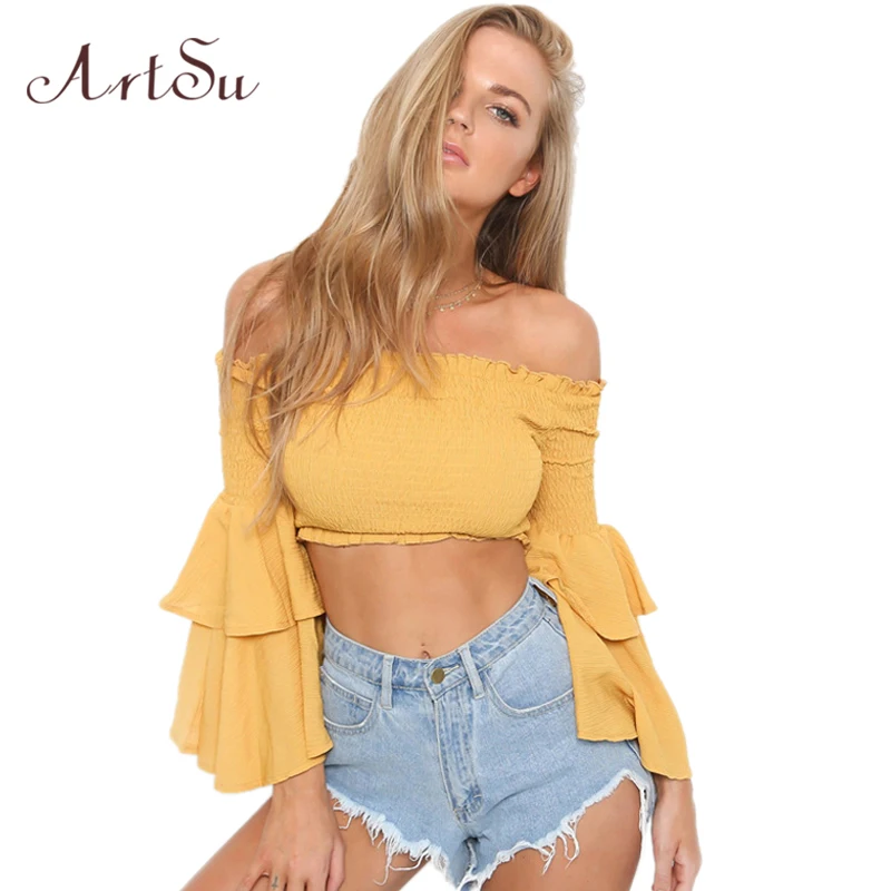 ArtSu de hombro de la Mujer Tops Sexy de Mujer blusa camisa manga de gasa blusas de moda Ropa de Mujer RASBL30124