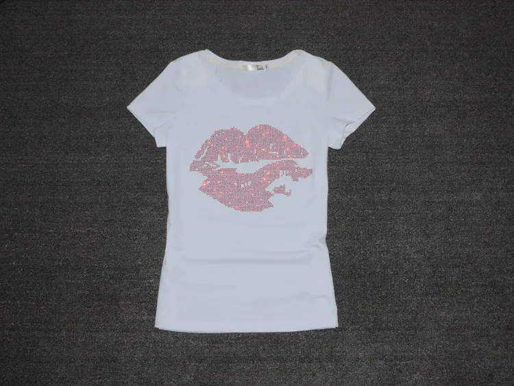 Женская летняя футболка с коротким рукавом, женская модная Сексуальная футболка с кристаллами в виде губ, мягкая хлопковая женская футболка с круглым вырезом