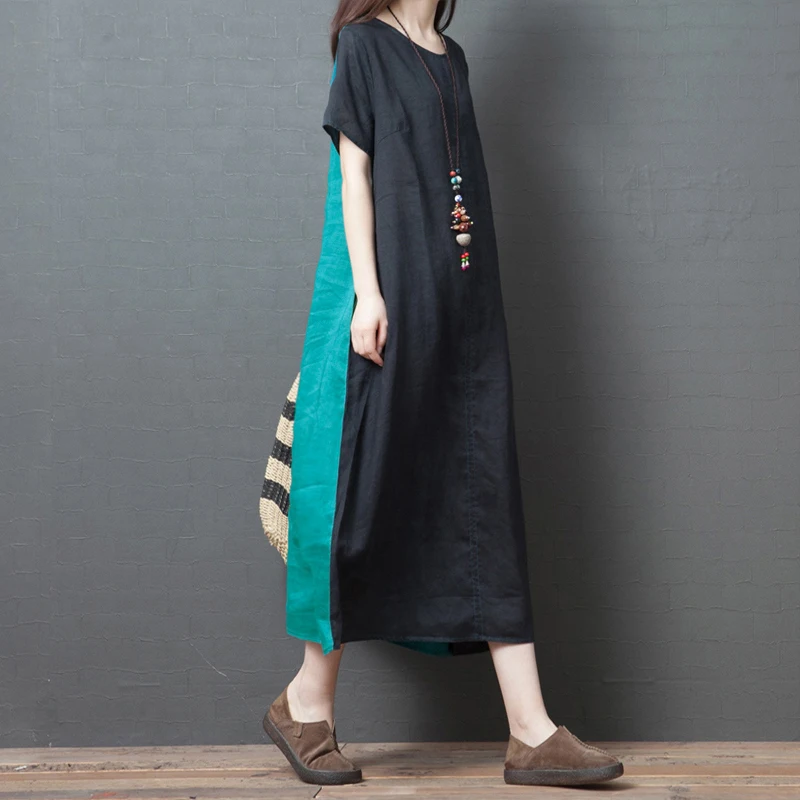 

Summer Loose Pockets Casual Maxi Dress Short Sleeves O-Neck Solid Simple Long Boho Dress Cotton Linen Fashion Plus Size Dress