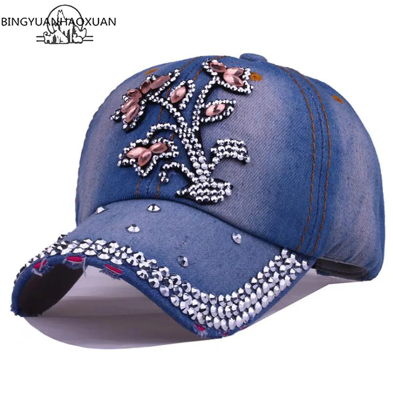 

BINGYUANHAOXUAN 2018 New Casual Diamond Denim Baseball Cap Simple Cotton Jeans for Women Summer Caps Snapback Caps Hats
