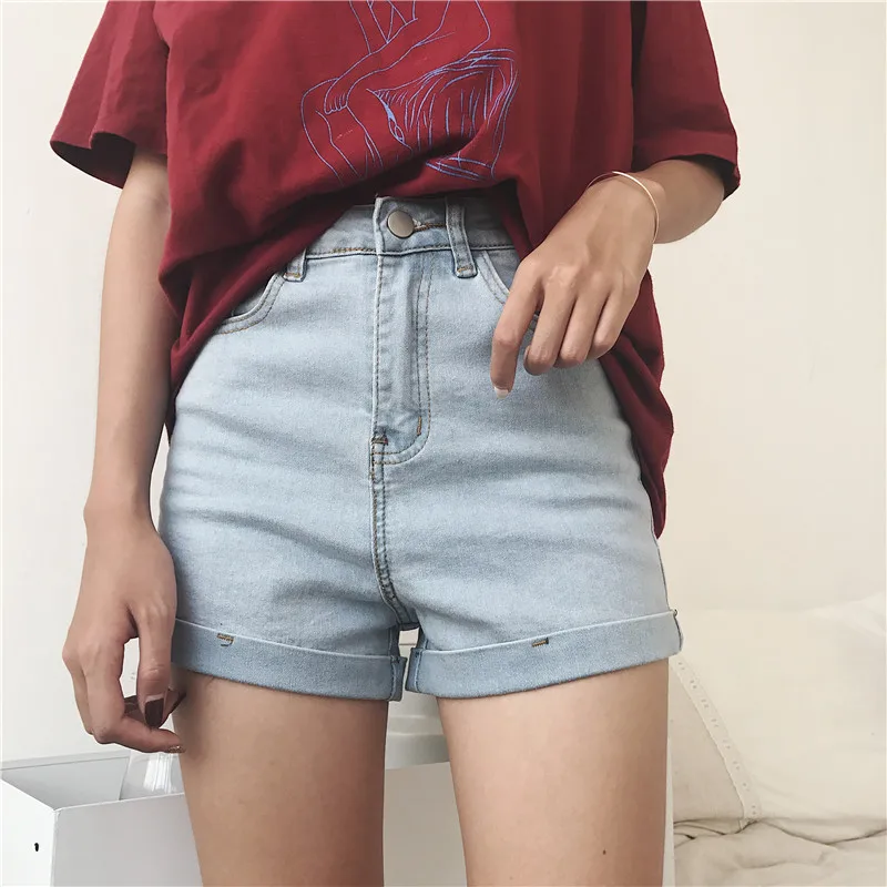 2018 Summer Women Shorts Jeans High Waist Elastic Blue