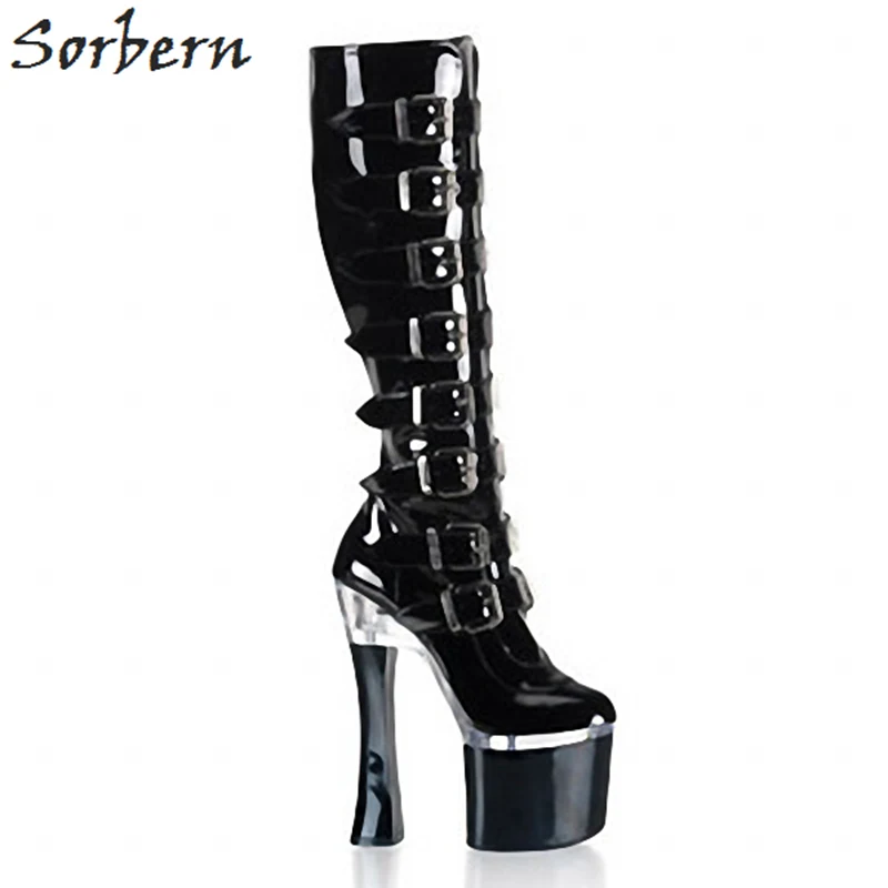 

Sorbern Black Women Patent Leather 18cm Ladies Party Boots Buckle Strap Fashion High Heels Strange Style Cosplay Large Shoes