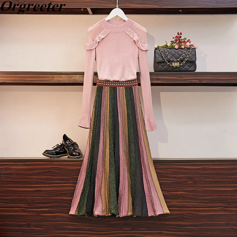 

Autumn Sweater Skirt 2 Piece set Women's Pink Mesh Patchwork Ruffled Pullover Tops and Rainbow Bright silk A-line Mid Skirt sets