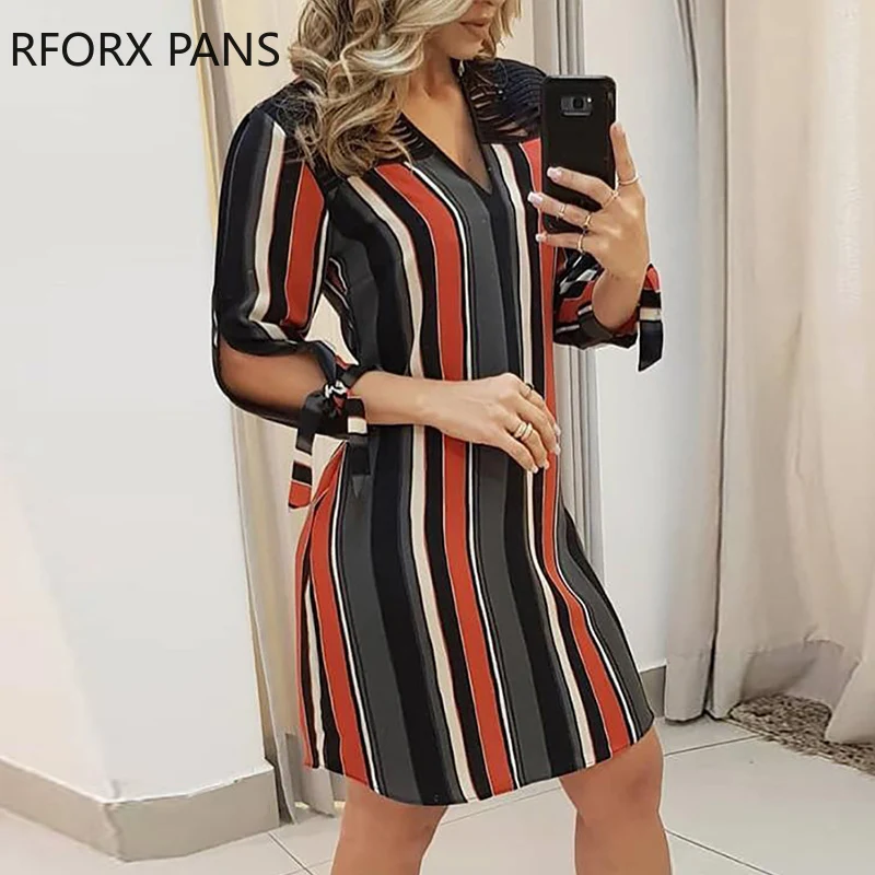 Striped Tassels Insert Tie Sleeve Shirt Casual Look Women Dress