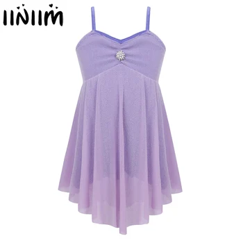

iiniim Kids Girls Spaghetti Shoulder Straps Floral Rhinestone Shorty Unitard Gymnastics Dress for Lyrical Modern Dance Wear