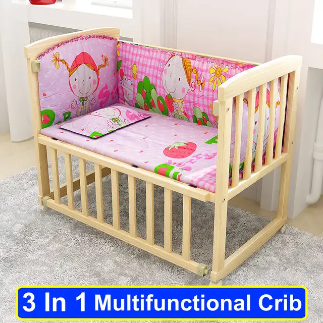 90x50cm Natural Wood Baby Crib Baby Bedding Set Portable Baby Cot