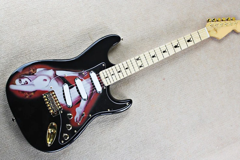 

Factory Black Electric Guitar with beauty Pattern,Gold Hardware,White SSS Pickups,Black Fret Inlay,Can be customized