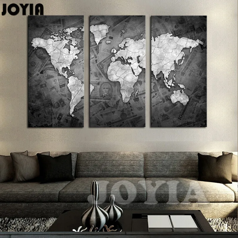 Large World Map Wall Art Canvas Black Metalic Modern ...