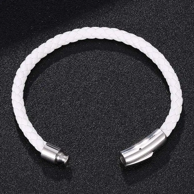 Простой стиль белый плетеный кожаный браслет для мужчин и женщин ювелирные изделия из нержавеющей стали Изысканные защелки модные браслеты PH517