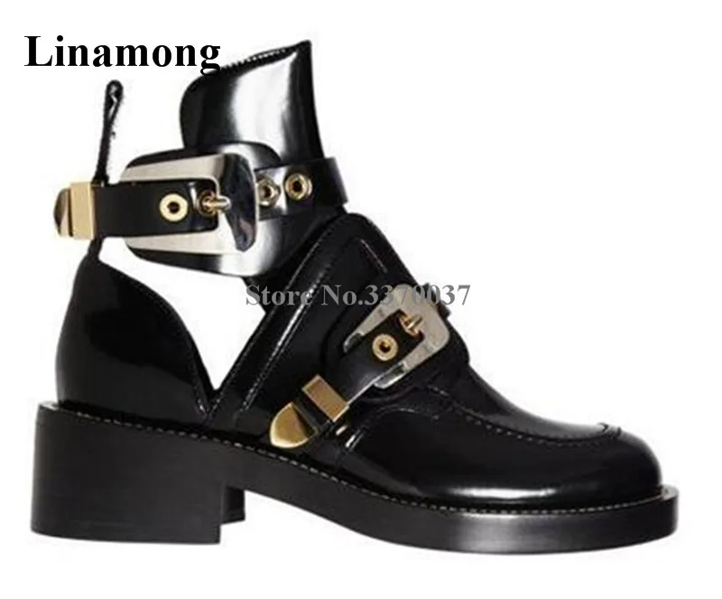 Newest Brand Round Toe Black Leather Gold Silver Buckle Flat Short Boots Cutout Gladiator