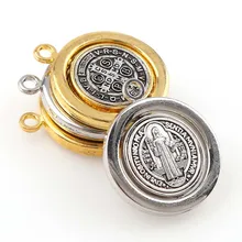 Круглый вращающийся орден Святого Бенедикта кулон медаль Святого Бенедикта серебро и желтое золото Цвет для брелок или ожерелье 35*40m