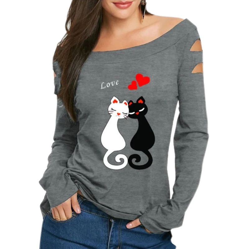  New Women Spring Off Shoulder T-shirts Animal Cat Lover Pattern Print Long Sleeves Girl Hole Cut T 