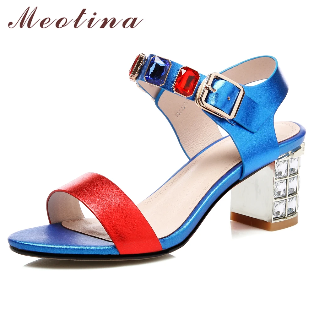 

Meotina Women Sandals Summer Shoes Natural Genuine Leather Chunky High Heels Shoes Rhinestone Buckle Party Sandals Female 33-43
