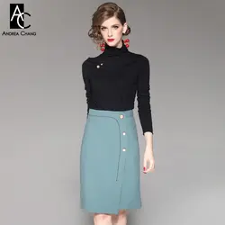 Осень Зима Женская одежда комплект водолазка брошь с бисером черный свитер + по колено отсутствие синяя юбка мода комплект из двух