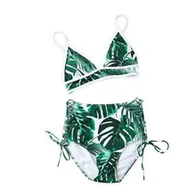 Women Sexy Two Piece Bikini Set Deep V-Neck Triangle Bra Bohemian Green Tropical Leaves Swimsuit High Waist Cross Side Tie Thong green v neck leaves printed swimsuit