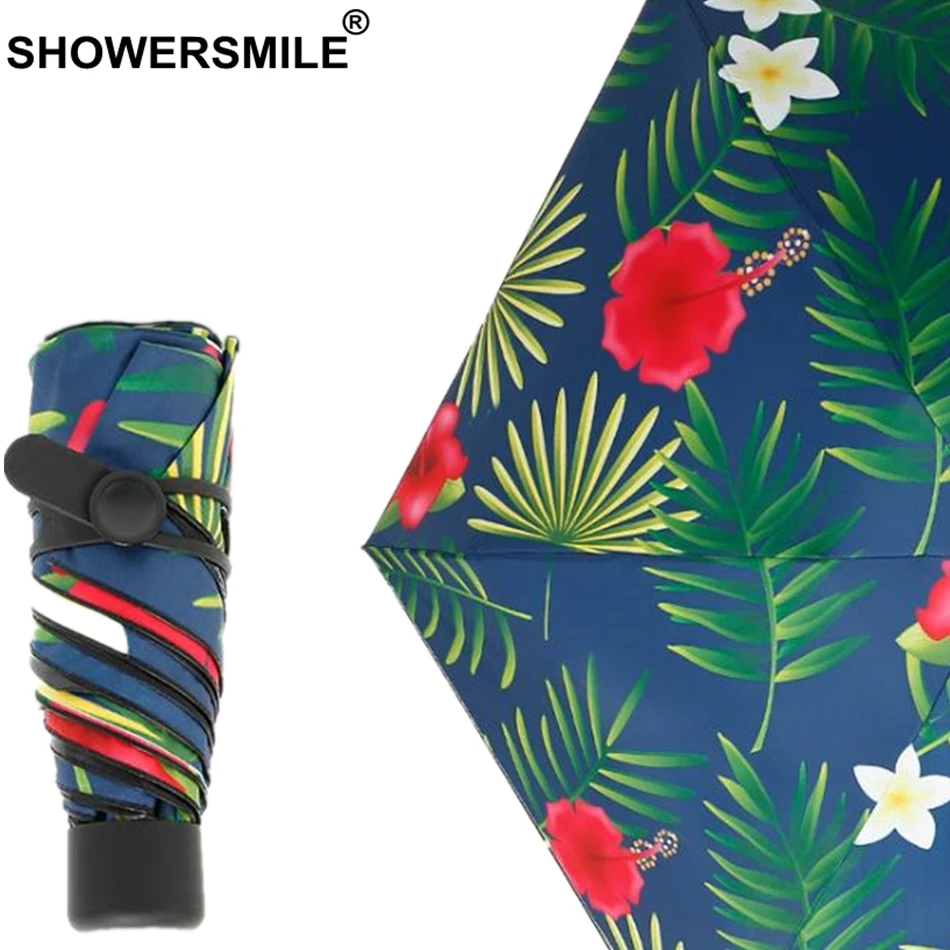 SHOWERSMILE зеленый зонтик для женщин Мини Карманный Зонт с принтом листья УФ Защитный