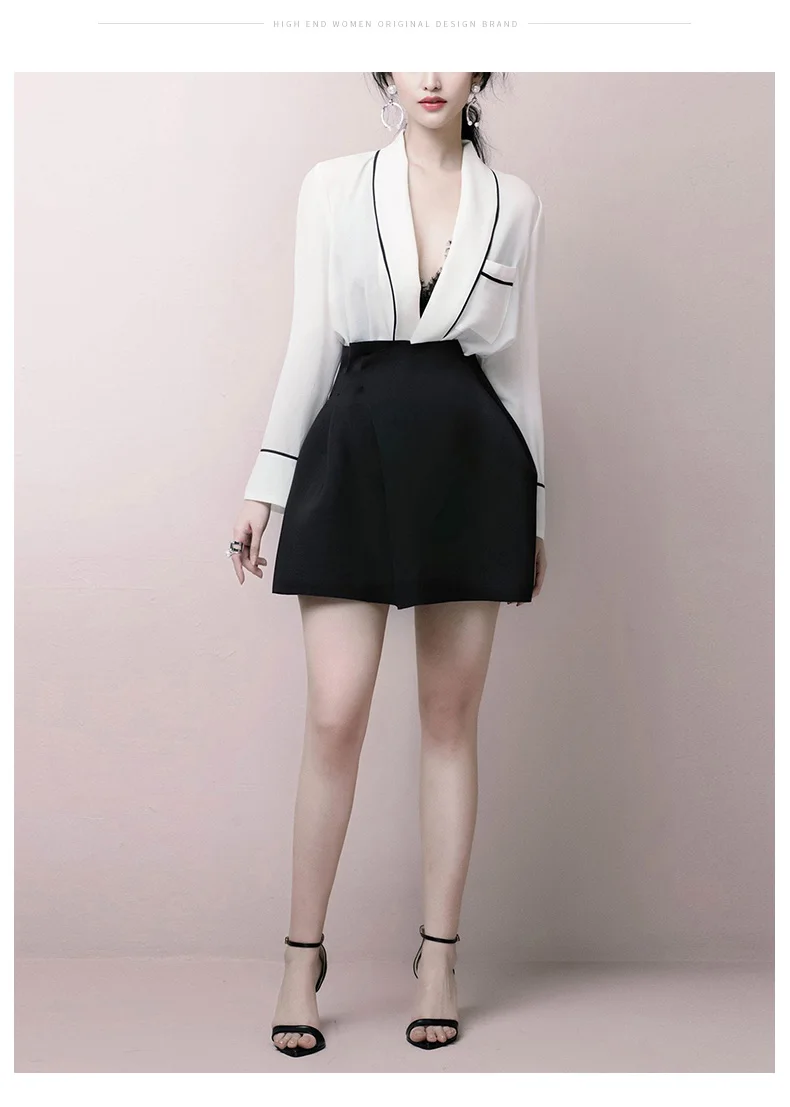 Элегантный офис 2 шт. наряды для женщин 2019 белый v-образный вырез с длинным рукавом Топ + Высокая талия черная мини-юбка комплект из двух