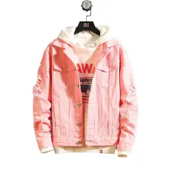 2019 весна новый прилив Ковбойское пальто мужские куртки розовые джинсы куртка отверстие белый качество Досуг модная одежда уличная Мужская