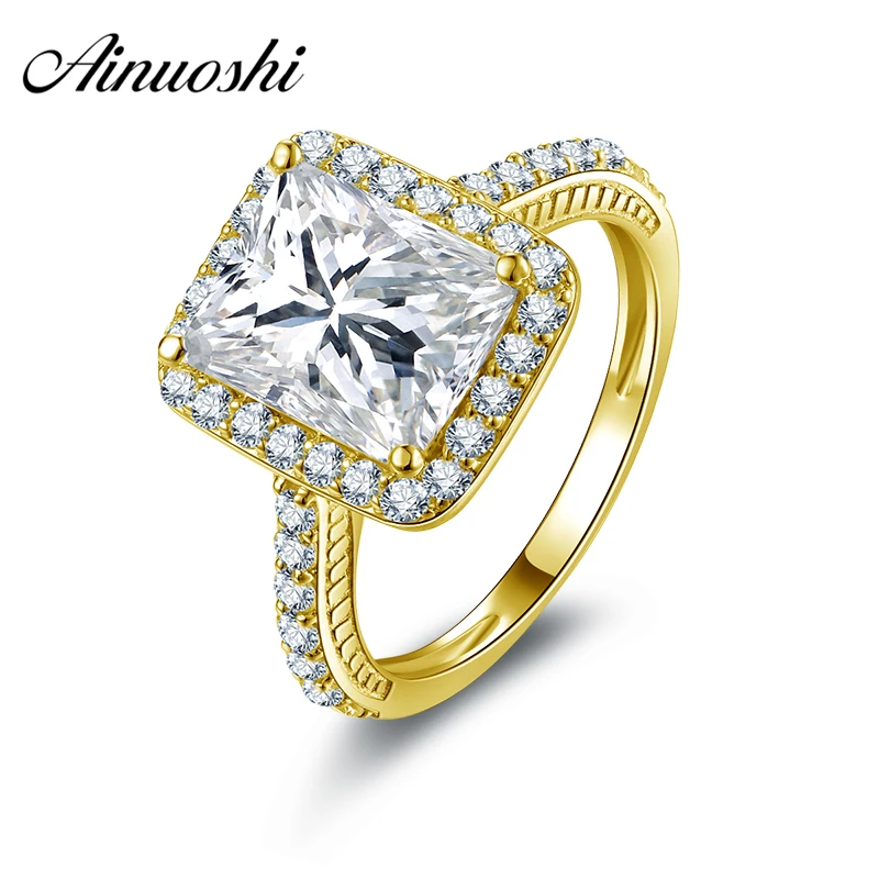 

AONUOSHI 10k Solid Yellow Gold Wedding Rings 3 Carat Luxury CZ Anelli Donna Rectangle Cut Halo Wedding Ring for Women Engagement