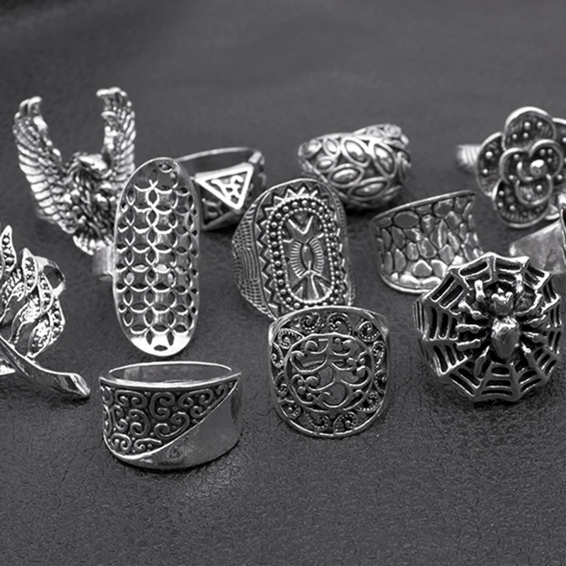 25pcs/lot Mixed Styles Bohemia Animal Rings for Women New Arrival Ancient Silver Plated Hollow Vintage Rings Party Gift 3