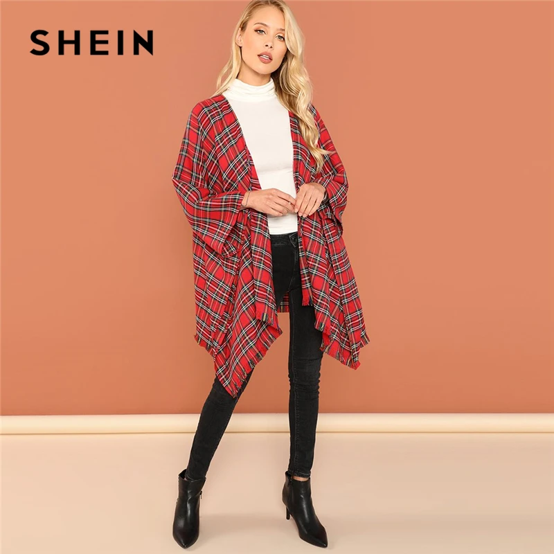 

SHEIN Red Office Lady Highstreet Frayed Edge Plaid Print Asymmetric Length Cloak 2018 Autumn Casual Women Coat And Outerwear