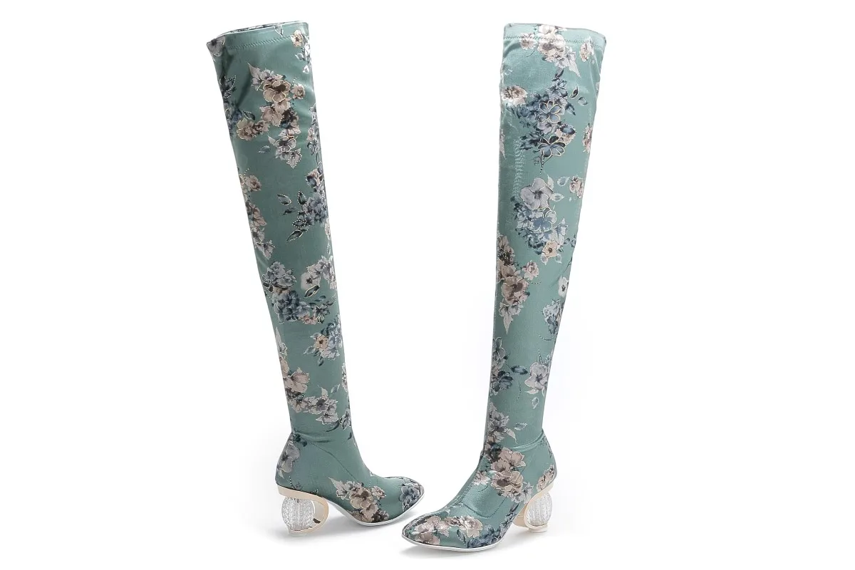 Ins hot Women boots big size 22-27cm Autumn and winter Fashion Silk jacquard flower stretch fabric women's boots over the knee