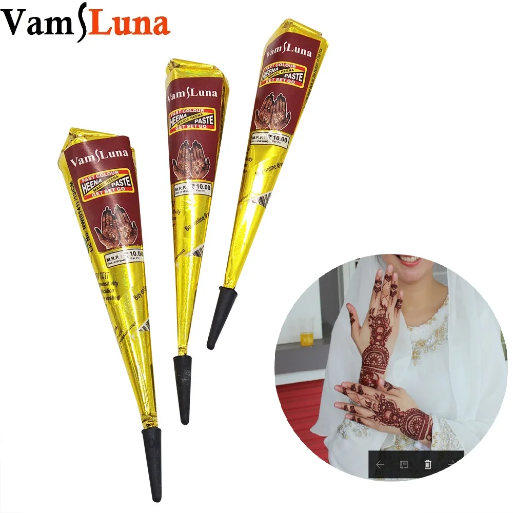 Vamsluna 3x الحناء الوشم الحبر المحمر براون اللون الكيميائية الحرة هيئة الفن كيت mehendi للنساء والرجال