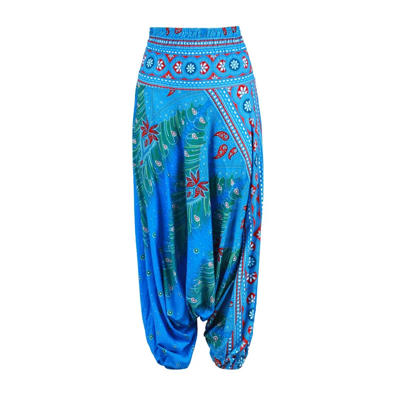One Size Women Thai Indian Harem Trousers Comfy Boho Pants Long Beach Summer Pants Casual Loose Low Cut Floral Trousers