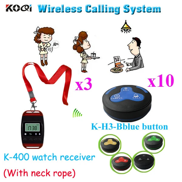 

Table Buzzer Calling System Electronic Wireless Waiter Call Button Systems Waterproof ( 3pcs watch & 10pcs call button)