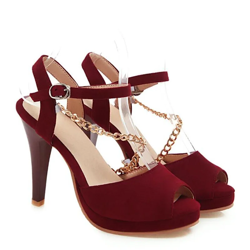 

Lady's Sexy Casual Flock Sandals Pumps Shoes Women's Ankle Strap Chain Loafers Woman Super High 11cm Peep Toe Summer Shoe