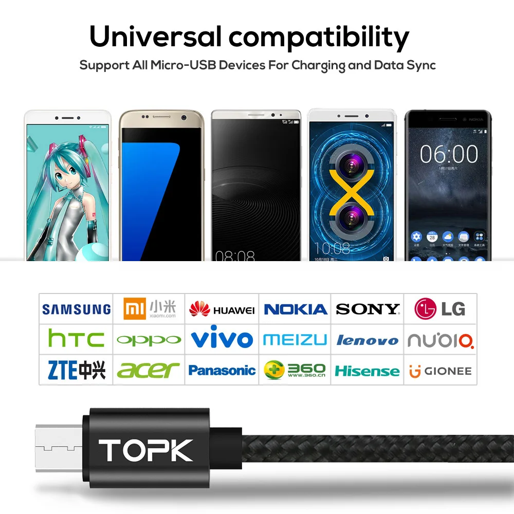 TOPK 3A(Max) Voltage and Current Display Nylon Braided Aluminum Casing Micro USB Cable For Samsung Xiaomi Huawei HTC TOPK 3A(Max) Voltage and Current Display Nylon Braided Aluminum Casing Micro USB Cable For Samsung Xiaomi Huawei HTC