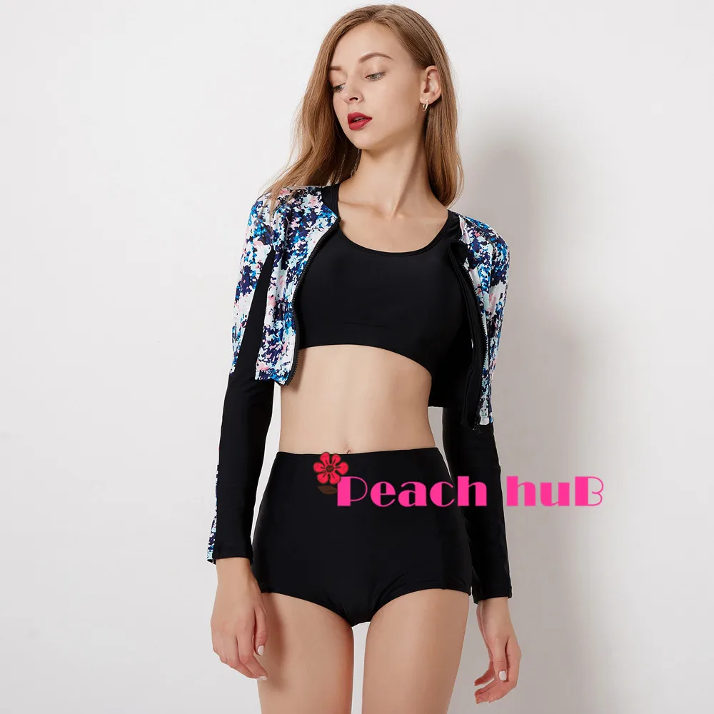 Sport Swimsuit 3 Piece Bathing Suit Long Sleeve Swim Tights Rashguard Women Surf Suit Plus Size Swimwear Shorts High Waisted (3)