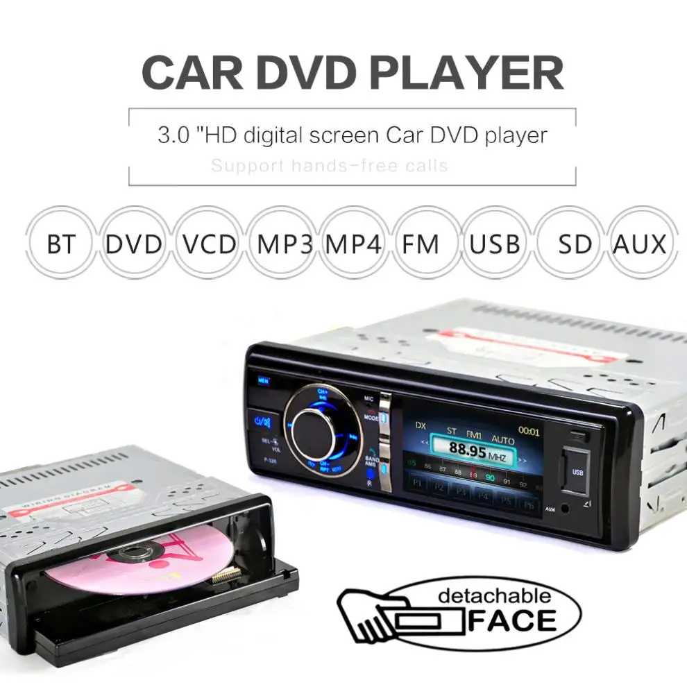 

3 Inch 1 Din Bluetooth Car DVD Player Digital Touch Screen Built-in Microphone with Detachable Front Panel Support DVD / CD