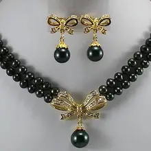 Благородство удача женская натуральная желтая GP 6-7 мм черная жемчужина и Жемчужное ожерелье серьги 1"-18"