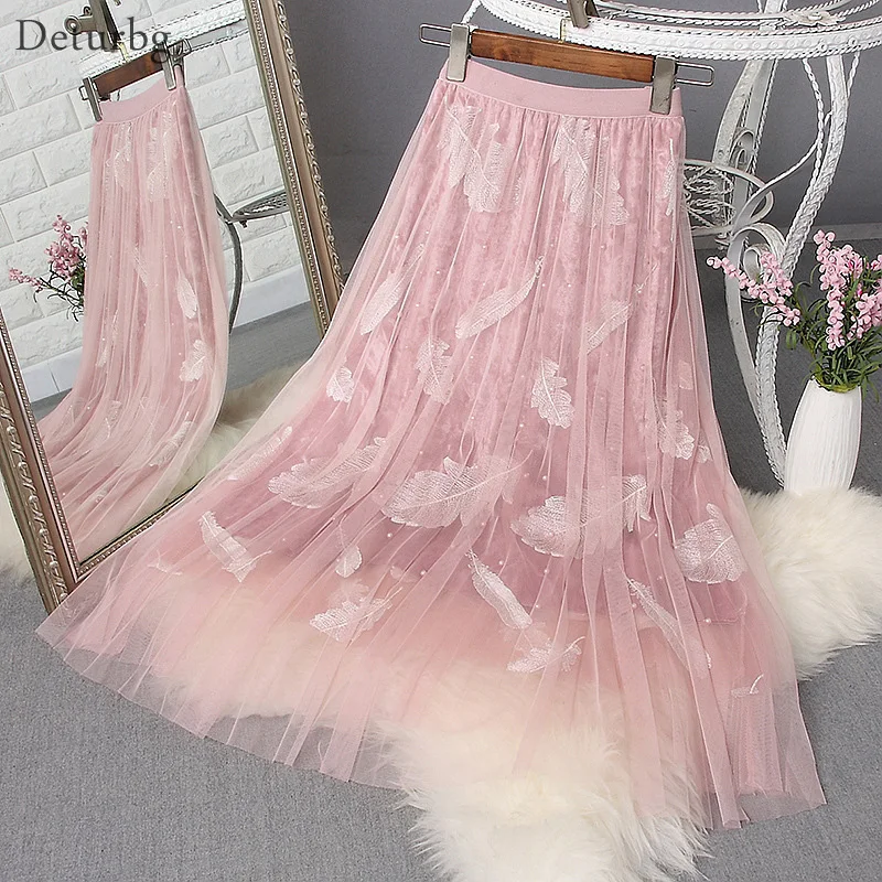 

Women's Sweet Beading Midi Skirt Ladies Elegant High Waist 3 Layer Feather Embroidery Pleated Mesh Skirts 2019 Autumn New SK382