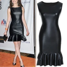 XXL Fall Plus Size Party Dress Women Faux Leather OL Black Mermaid Dress O Neck Sleeveless Elegant Lady Slim Bodycon Dress 2019 ol style plunging neck sleeveless hit color bodycon women s dress