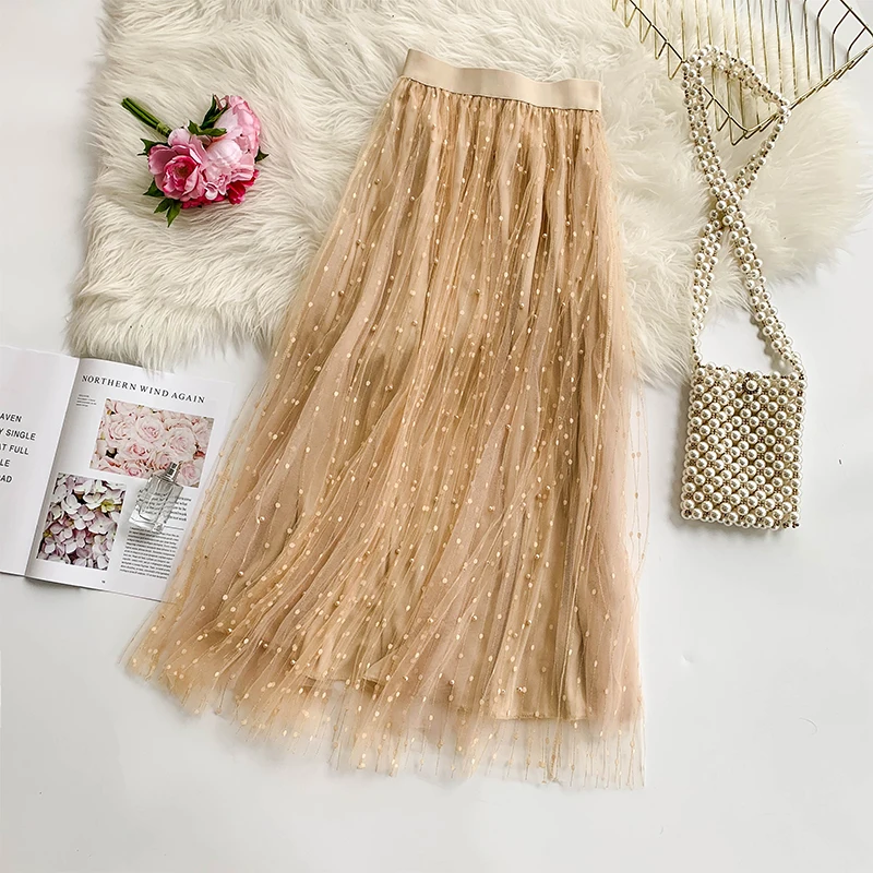 HISUMA Весенняя летняя новая женская плиссированная юбка с бусинами и жемчужинами в сеточку, эластичная тонкая юбка феи с высокой талией
