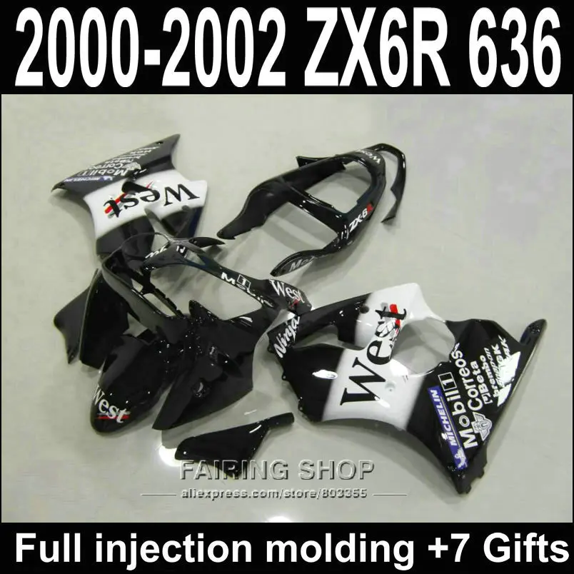 

High quality Abs Fairing kit For Kawasaki ZX6R 2000 2001 2002 zx-6r ( WEST black ) Customize decal free for Fairings S01
