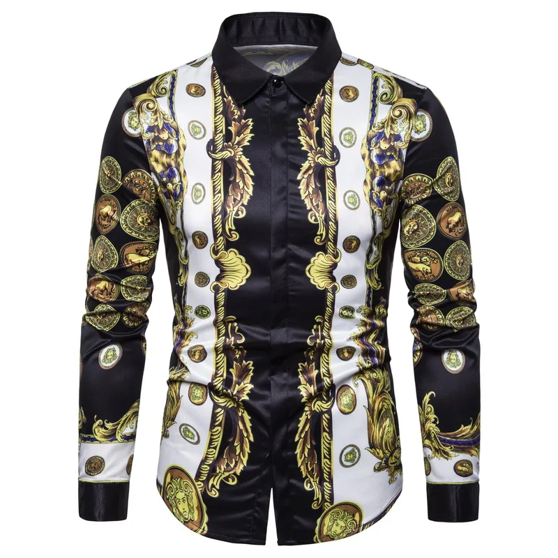 

LOLDEAL Summer Slim Fit Shirt Men's Long Sleeve Luxury Shirt Fashion Print Dress Shirt Male
