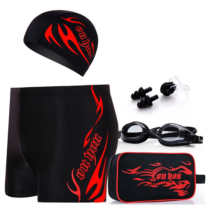 6 teile/satz Männer Bademode Schwimmen Shorts Badehose/Schwimmen Brille/Schwimmen Caps/Tasche/Ohr Stecker/ nase Pad Beachwear Tauchen Badeanzug Set
