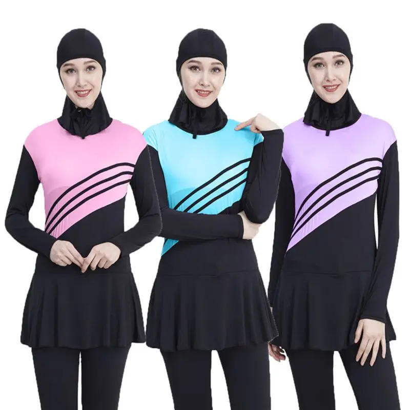 

Womens Girls Plus Size Muslim Islamic Modest Swimsuit One Piece Jumpsuit Color Block Stripes High Neck Bathing Suit With Hijab
