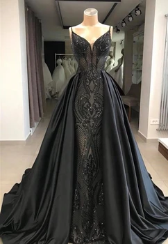 

Modern Black Lady Evening Dress 2019 Spaghetti Straps Beading Lace Prom Dresses With Detachable Overskirt Robe de soiree