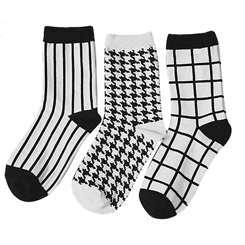 

Autumn Winter Women Men Unisex Cotton Retro Socks 3 Pairs/lot Black+White