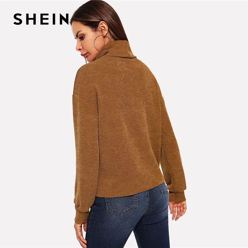 SHEIN Одноцветный Пуловер С Высоким Вырезом 2019 Повседневные Джемперы Длинным