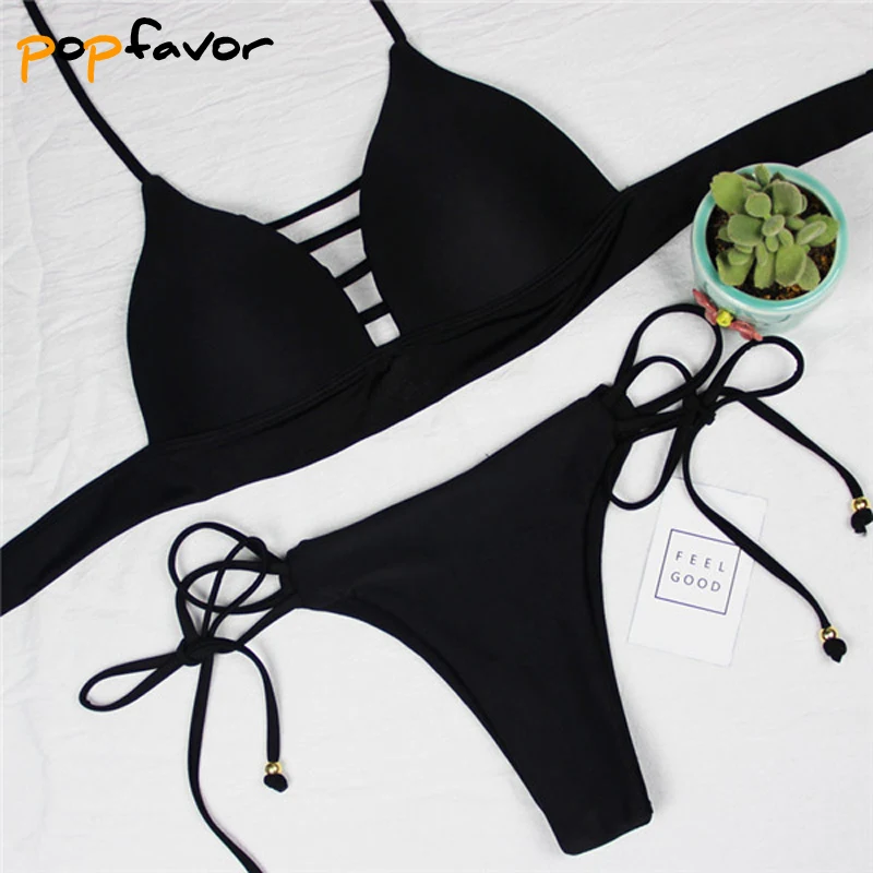 Popfavor البيكينيات مجموعة الصلبة المايوه المرأة بيكيني 2018 جديد رفع البرازيلي ضمادة ملابس السباحة ثونغ القاع البرازيلي أنثى